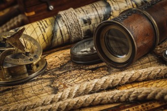 Travel geography navigation concept background, old vintage retro compass with sundial, spyglass