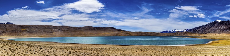 Panorama of Himalayan lake Kyagar Tso in Himalayas, Ladakh, India, Asia