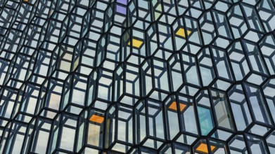 Glass facade of the Harpa Concert Hall and Congress Centre, interior view, Reykjavik, Reykjanes