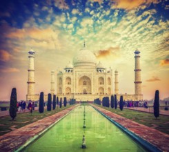 Vintage retro effect filtered hipster style image of Taj Mahal on sunrise sunset, Indian Symbol,