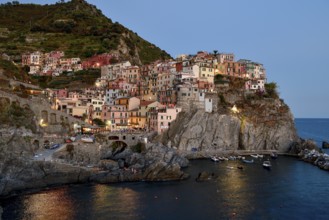 Fishing village of Manarola, blue hour, district of Riomaggiore, Cinque Terre, province of La