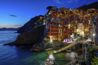 Fishing village of Riomaggiore, blue hour, Cinque Terre, province of La Spezia, Liguria, Italy,