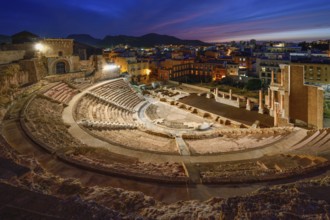 Teatro Romano, blue hour, Roman amphitheater, in the old town of Cartagena, Murcia region, Spain,