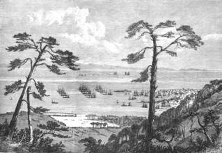 The port of Hiogo with the English and American fleets, at anchor, 1869, Japan, Historic, digitally
