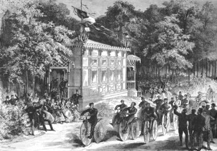 A Velocipedes race at the 1867 World's Fair in Paris, Michaux bike, pedal crank bike, bicycle,