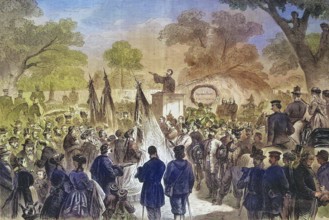 Czech pilgrimage to the monument of John Huss, boulder with the golden inscription John Hus, in