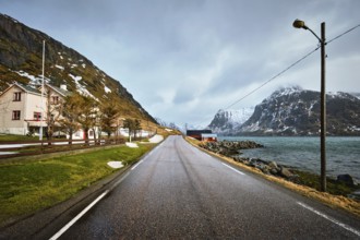 Road in Norwegian fjord. Lofoten islands, Norway, Europe