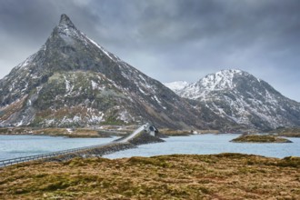 Fredvang Bridges in winter. Lofoten islands, Norway, Europe
