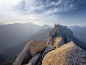 View of stones and rock formations from Ulsanbawi rock peak on sunset. Seoraksan National Park,