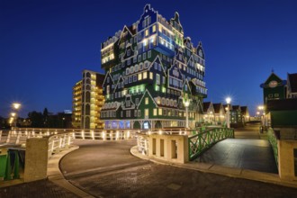 ZAANDAM, NETHERLANDS, MAY 8, 2017: Inntel Hotel in Zaandam illuminated at night. Design of