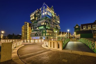 ZAANDAM, NETHERLANDS, MAY 8, 2017: Inntel Hotel in Zaandam illuminated at night. Design of