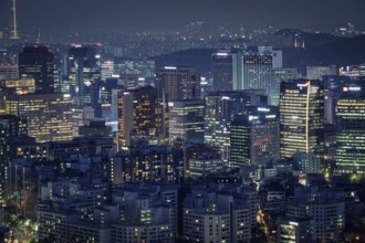 Seoul skyscrapers illuminated with lights view from Inwang mountain. Seoul, South Korea, Asia