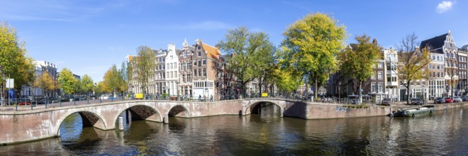 Canals and bridges building panorama at the Keizersgracht in the city of Amsterdam, Netherlands