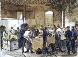 Workers at Woolwich Arsenal prepare to equip the cavalry for the Abyssinia Expedition, 1869,