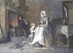 Evening Prayer, Girl prays with her mother in the evening in front of going to bed, 1869, Germany,