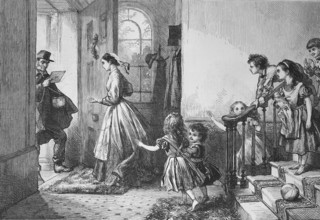 The arrival of the postman at the chateau, the family impatiently awaits a letter, 1869, France,