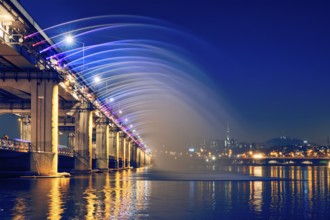 SEOUL, SOUTH KOREA, APRIL 7, 2017: Banpo Bridge Rainbow Fountain tourist landmark on Han river