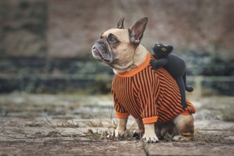 Funny dog Halloween costume showing a French Bulldog with a spooky black cat riding on its back