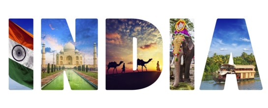 Travel Indica concept background, India text with indian tourist attractions iconic images on
