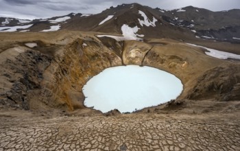 Víti crater lake in the crater of Askja volcano, volcanic landscape, Dyngjufjöll mountain massif,