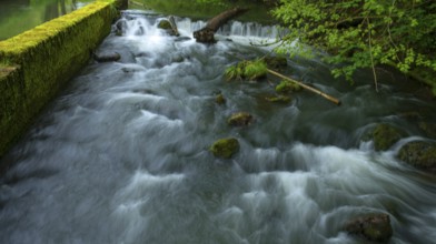 Flowing river Aufsess in front of a mill, Doos, Upper Franconia, Bavaria, Germany, Europe