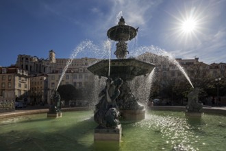 Fountain, bronze fountain, backlight, Rossio Square, Lisbon, Portugal, Europe