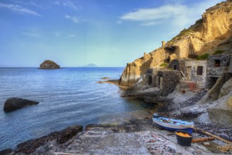 Houses in the rock, pebble beach, boat, sandstone rocks, Filicudi, Scoglio Faraglione, Spiaggia di