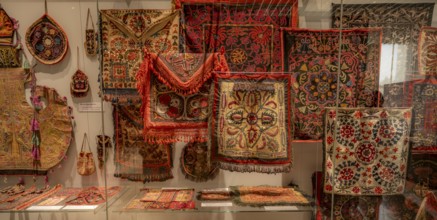Traditional carpet with pattern, exhibition in the State History Museum, interior view, Bishkek,