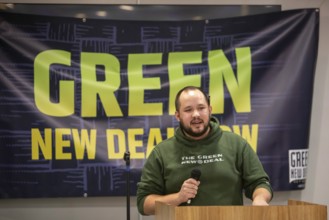 Dearborn, Michigan, Michigan State Representative Dylan Wygela speaks at a rally calling for a