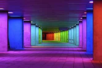 Colorful mulitcolord illuminated gallery tunnel rainbow passage under NAI building, Nederlands