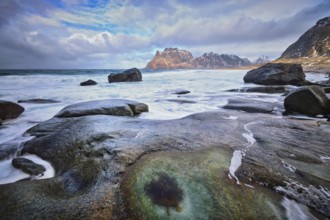 Rocks on beach of fjord of Norwegian sea in winter with snow. Utakliev beach, Lofoten islands,