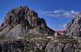 View of the Dreizinnen Hut, South Tyrol, Trentino, Sesto Dolomites, Italy, Europe