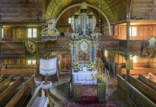 View of the altar in the Lutheran wooden church (Unesco World Heritage Site), Hronsek,