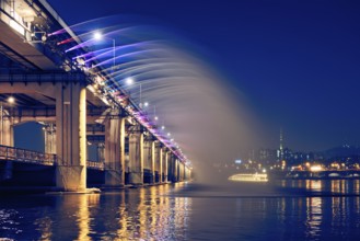 SEOUL, SOUTH KOREA, APRIL 7, 2017: Banpo Bridge Rainbow Fountain tourist landmark on Han river