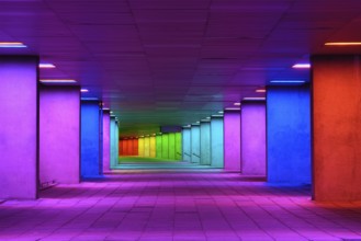 ROTTERDAM, NETHERLANDS, MAY 11, 2017: Colorful mulitcolored illuminated gallery tunnel rainbow