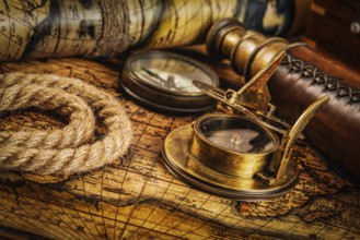 Travel geography navigation concept background, old vintage retro compass with sundial, spyglass
