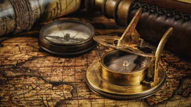 Travel geography navigation concept background, panorama of old vintage retro compass with sundial,