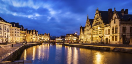 Panorama of Ghent canal, Graslei and Korenlei streets in twlight the evening. Ghent, Belgium,