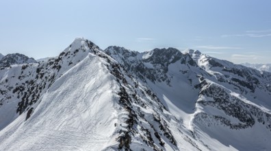 Mitterzeigerkogel, aerial view, peaks and mountains in winter, Sellraintal, Kühtai, Tyrol, Austria,