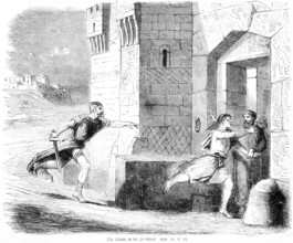 The flight to the free city, Orient, flee, city gate, soldier, run, sword, freedom, Bible, Old