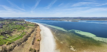 Aerial view, panorama of the Höri peninsula with the Lake Constance community of Horn at low tide,
