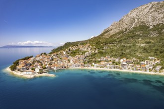 City view and beach of Igrane seen from the air, Croatia, Europe