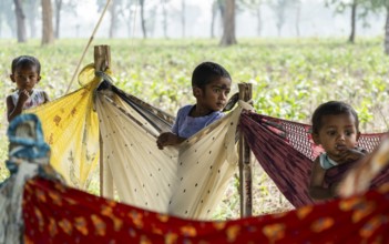 Children of tea plantation workers underneath a tent as their mothers pluck tea leaves at the Tea