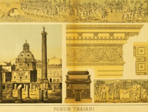 Forum Trajani, public square, ruin, Trajan column with emperor, several relief details, church dome