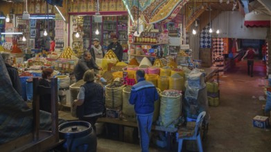 Market stall with dried spices and herbs in the covered souk in the centre of Meknes, Meknes,