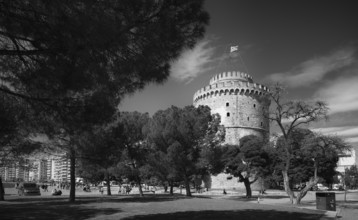 White Tower, Thessaloniki, black and white, Macedonia, Greece, Europe