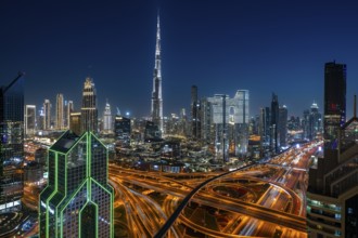 Dubai skyline at night, Burj Khalifa tallest building in the world, United Arab Emirates, Asia