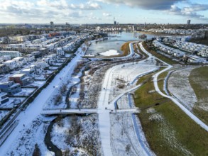 Dortmund, North Rhine-Westphalia, Germany, Phoenix Lake in winter with snow, renaturalised Emscher