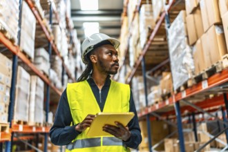 African worker with protective helmet and yellow reflective waistcoat using digital tablet taking