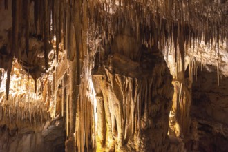 Warm colored stalactites and stalagmites creating evocative shapes inside the caves of drach in